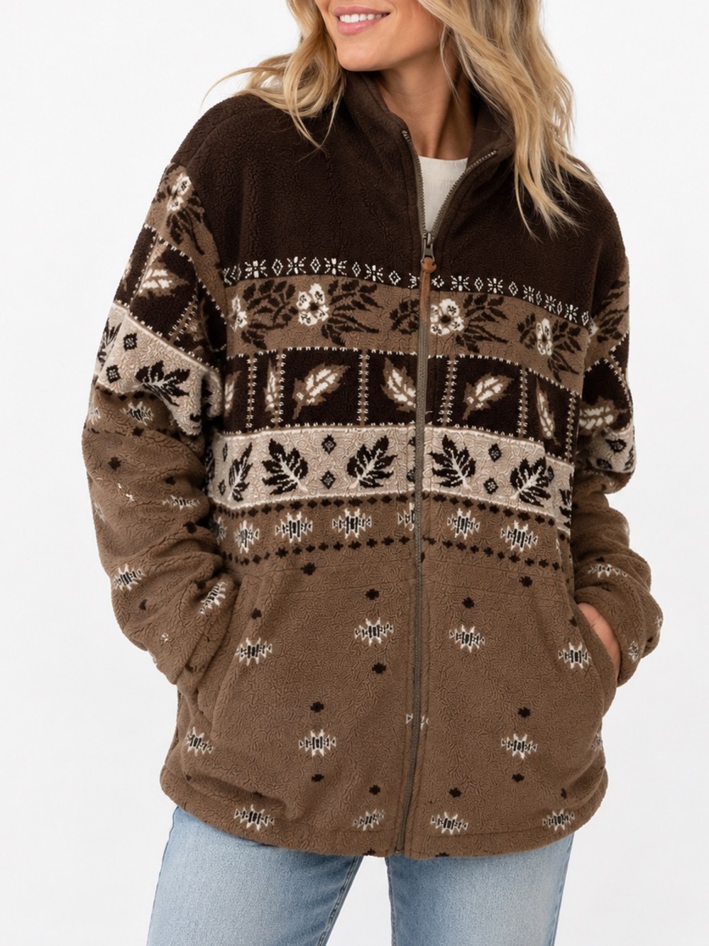 Vintage Northern Reflections Fleece Jacket Neutral Cozy Fall Leaves Sweater